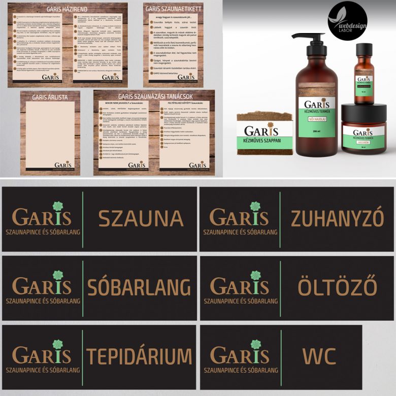 GARIS arculat-helyiségtáblák, információs táblák, 15 féle termékcímke